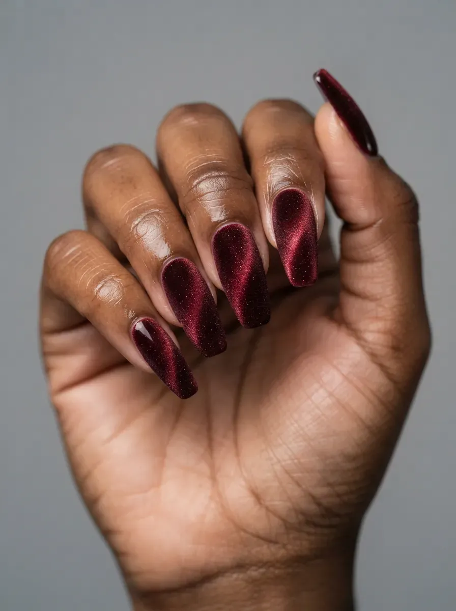 Coffin nails with velvet oxblood cat-eye polish and soft even shimmer on rich dark skin