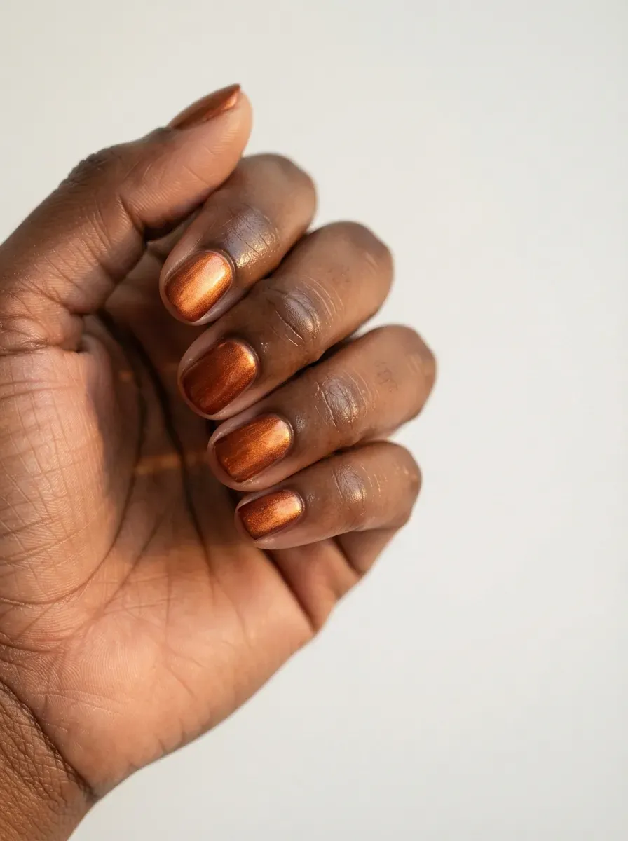 Close-up of nails with velvet over a ridge-filling base on rich dark skin tone