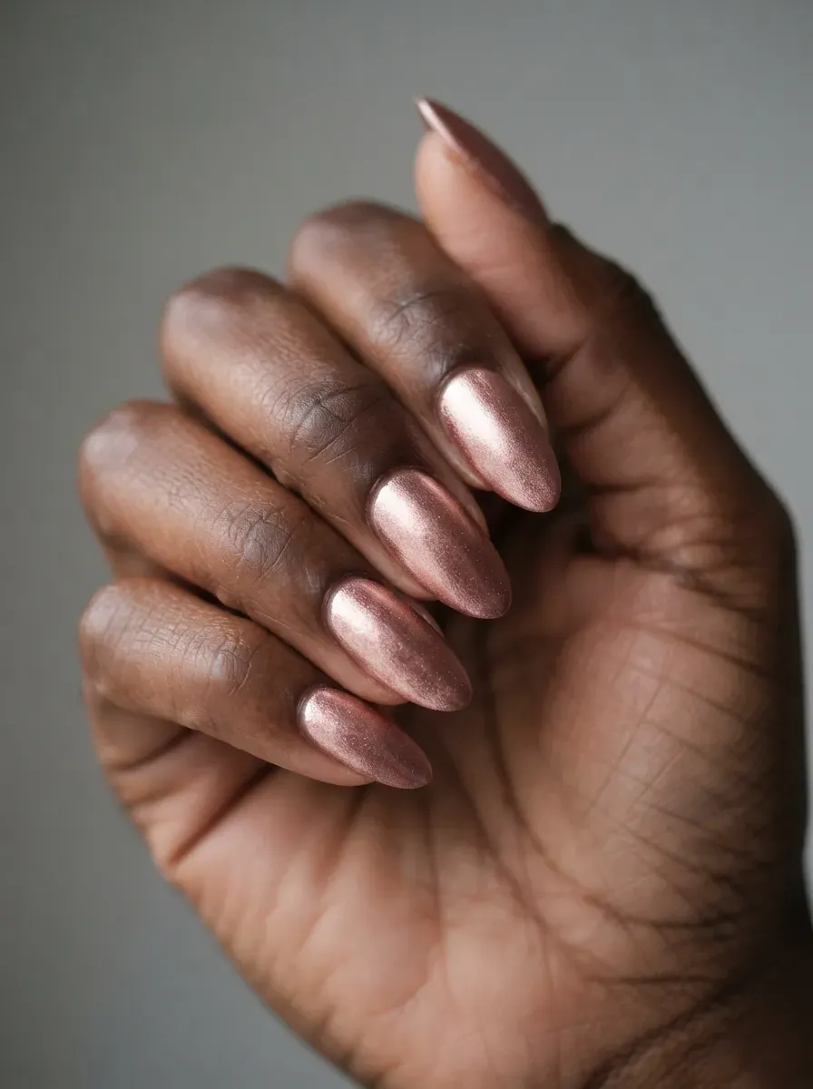 Close-up of almond nails with rose gold velvet shimmer on rich dark skin tone