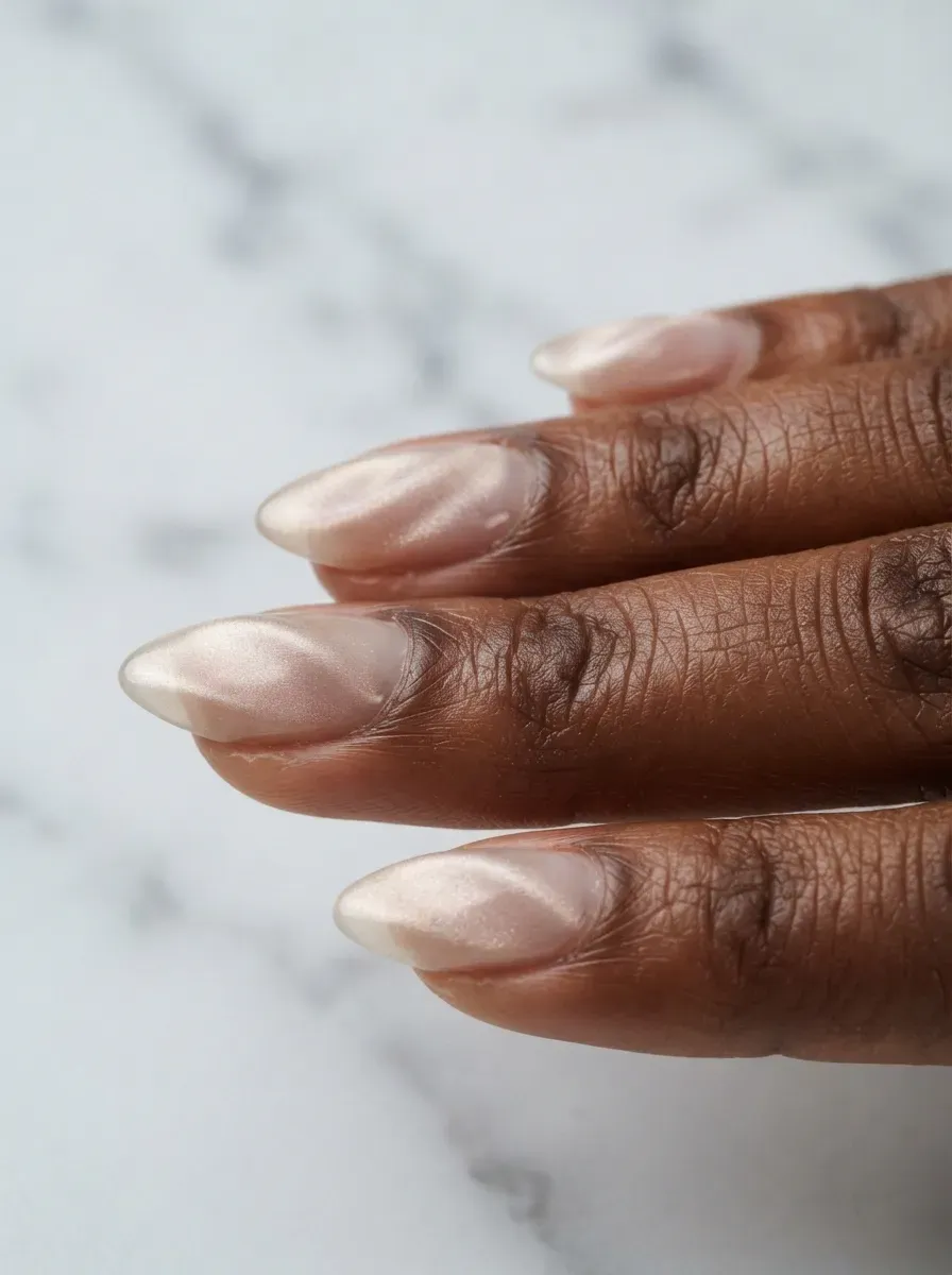 Close-up of nails with sheer velvet over a translucent base on deep chestnut skin