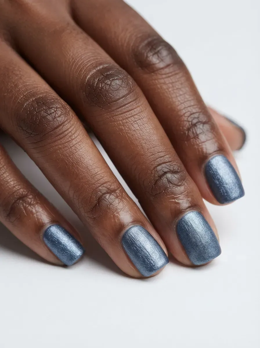Close-up of short square nails with slate blue velvet shimmer on rich dark skin tone