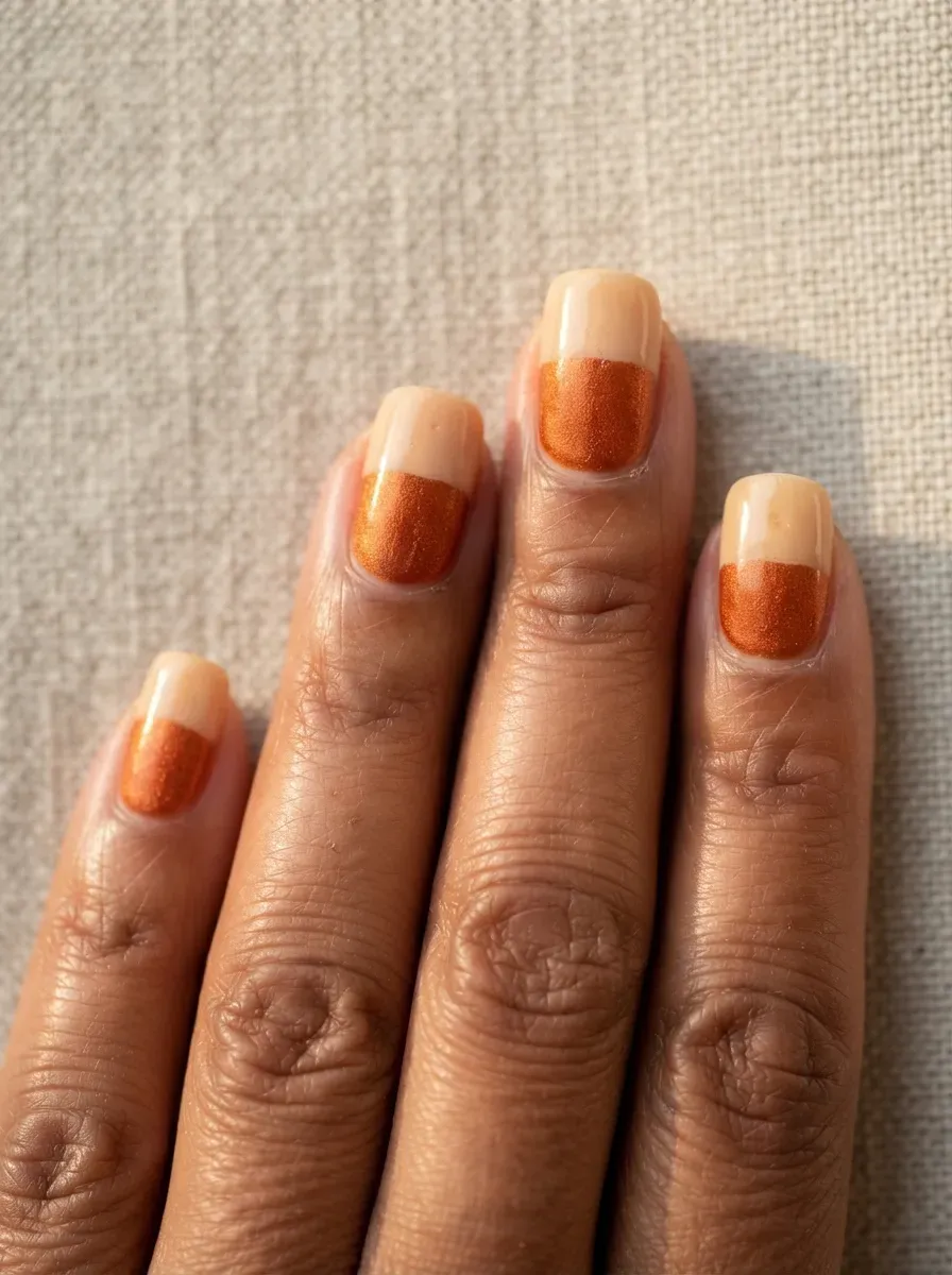Close-up of two-tone velvet and cream nails in one color family on warm brown skin