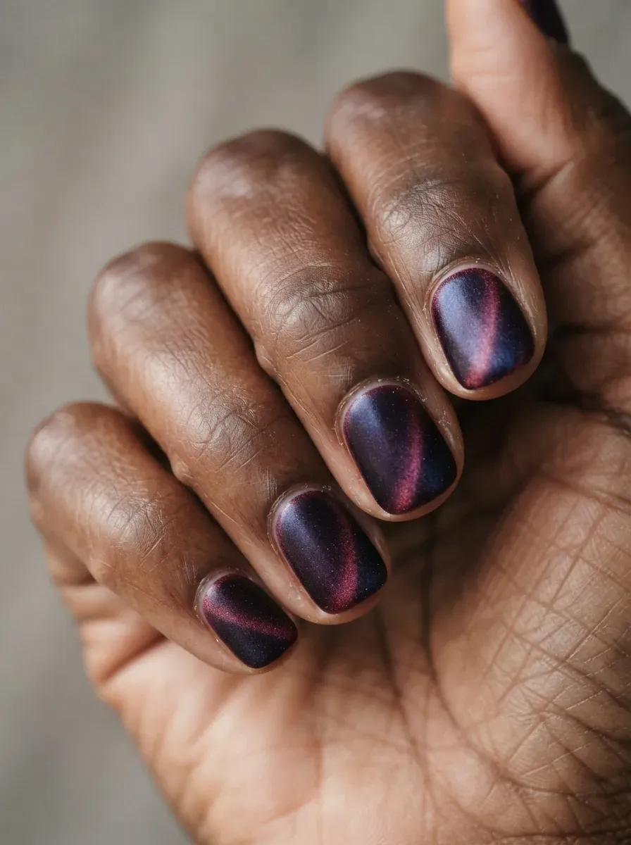 Close-up of nails with warm copper velvet undertones on deep brown skin