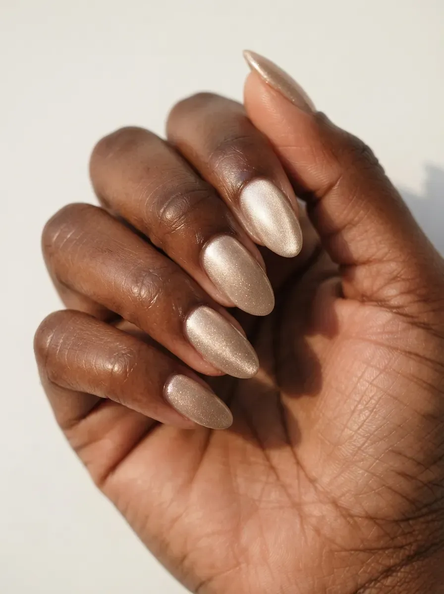 Close-up of almond nails with champagne velvet for weddings on rich dark skin tone