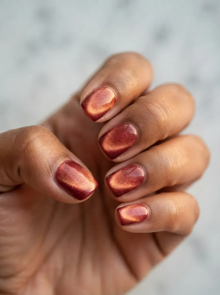 Short squoval nails with velvet wine cat-eye polish and candlelit glow on warm brown skin