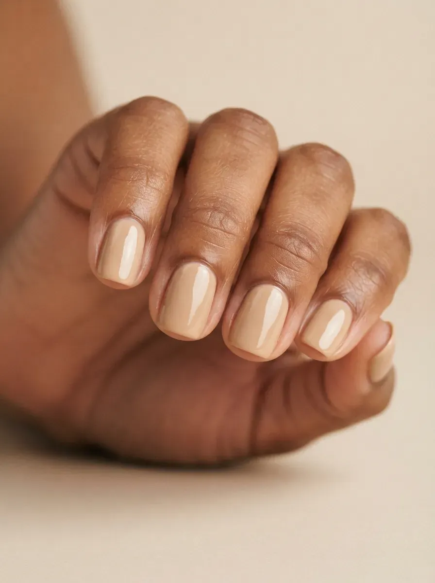 Close up of short squoval nails with warm beige glossy polish on warm chestnut skin