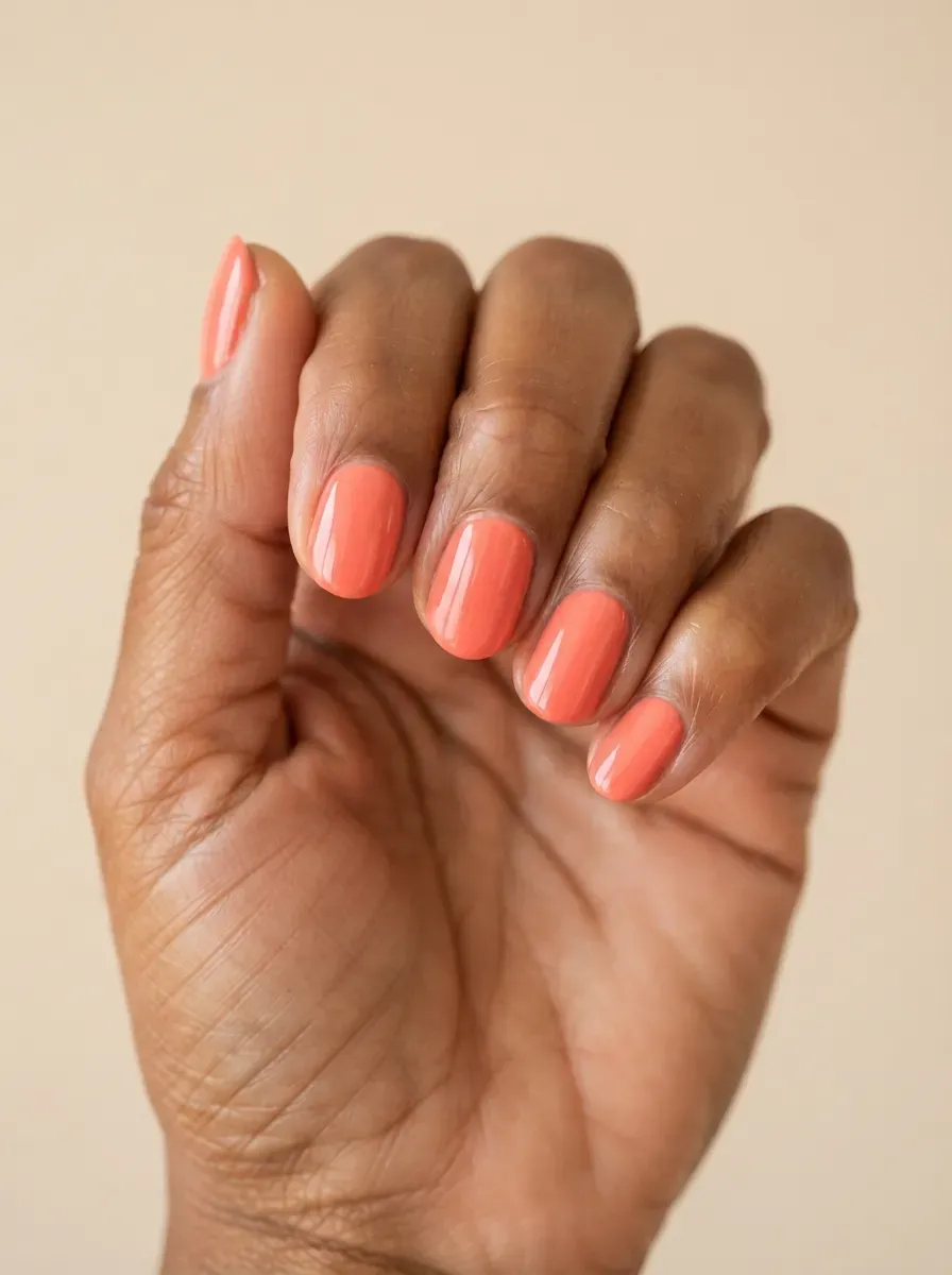Close up of short oval nails in warm coral cream polish on brown skin