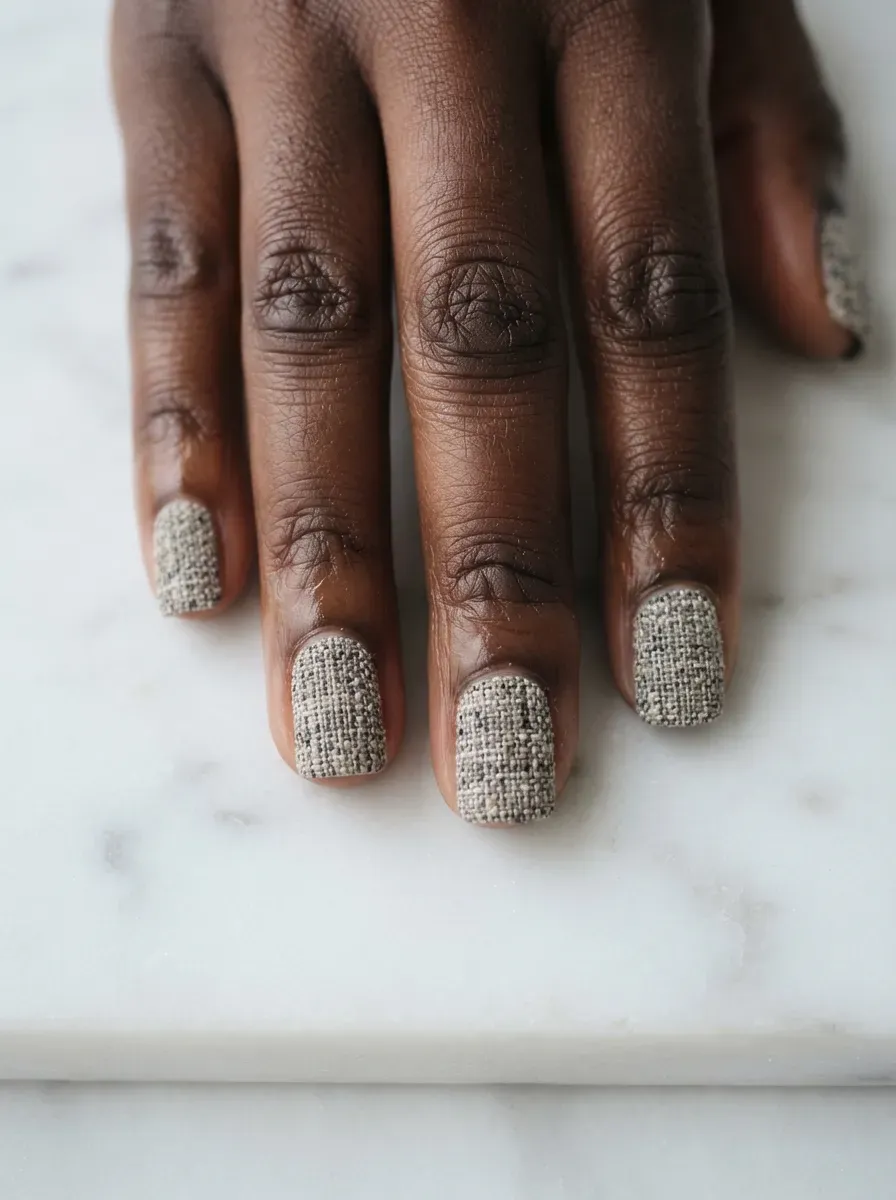Close-up of short square nails with warm gray tweed texture finish on rich dark skin