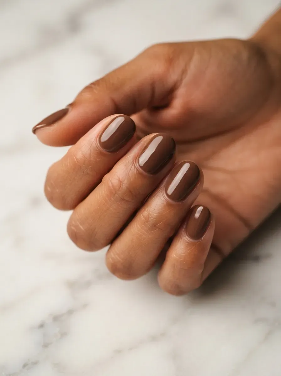 Close up of short oval nails with warm mocha glossy polish on warm chestnut skin