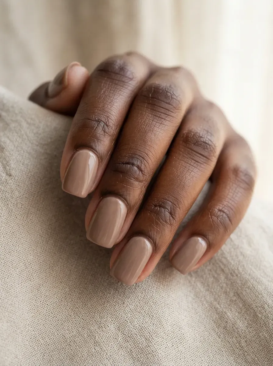 Close up of short squoval nails in warm taupe polish with glossy cream finish