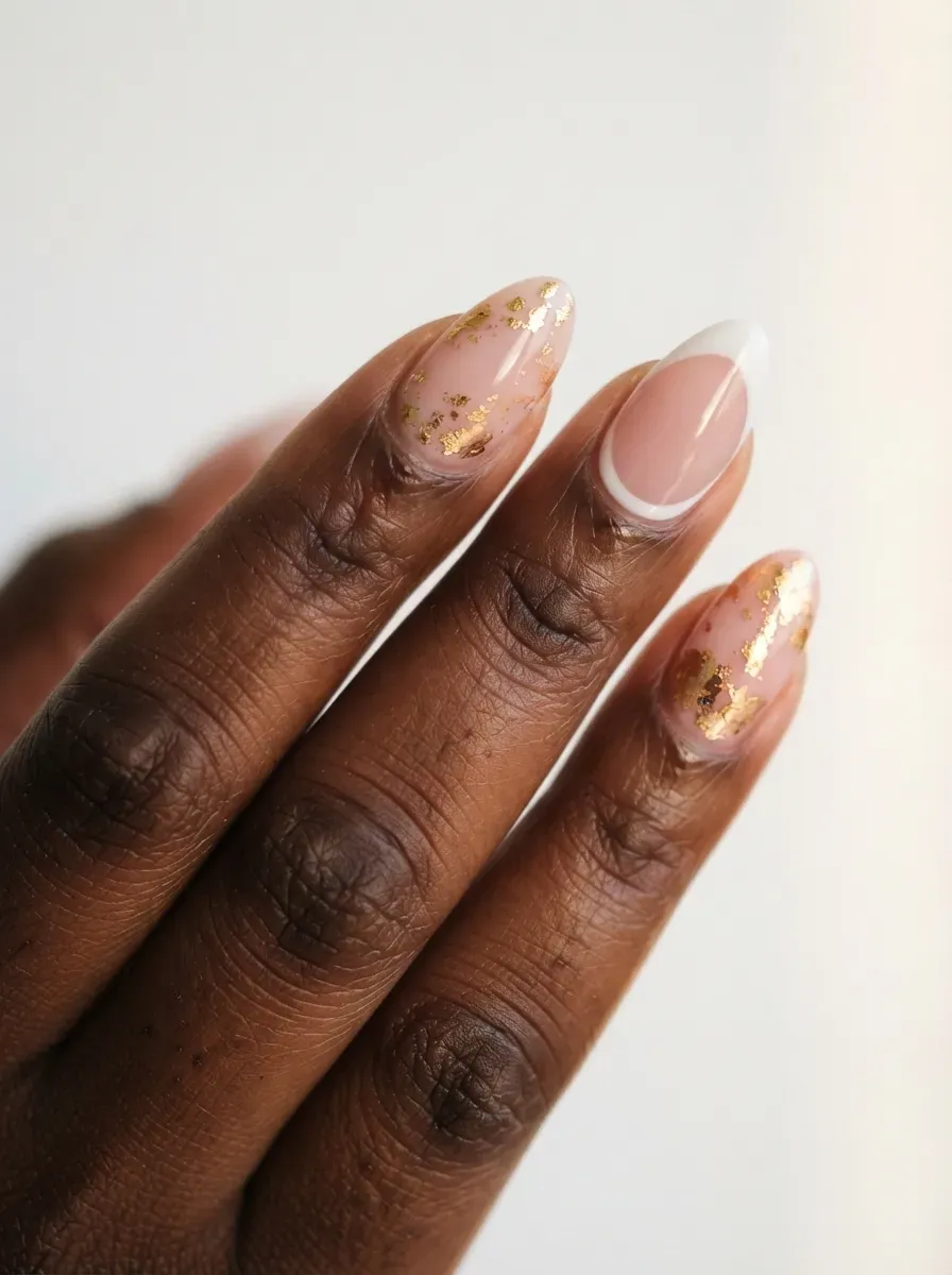 Close-up of almond nails in blush with gold foil and French accents