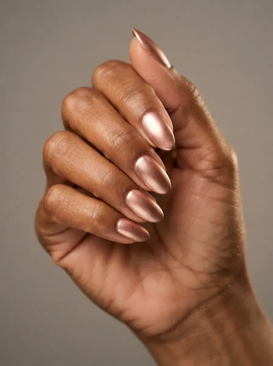 Close up of almond nails in rose gold metallic polish with smooth shimmer finish
