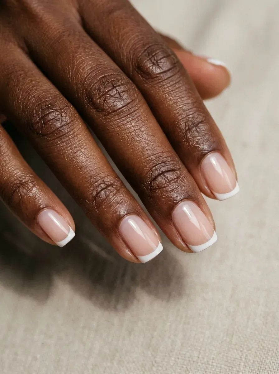 Short square nails with whisper-thin delicate matte white French tips