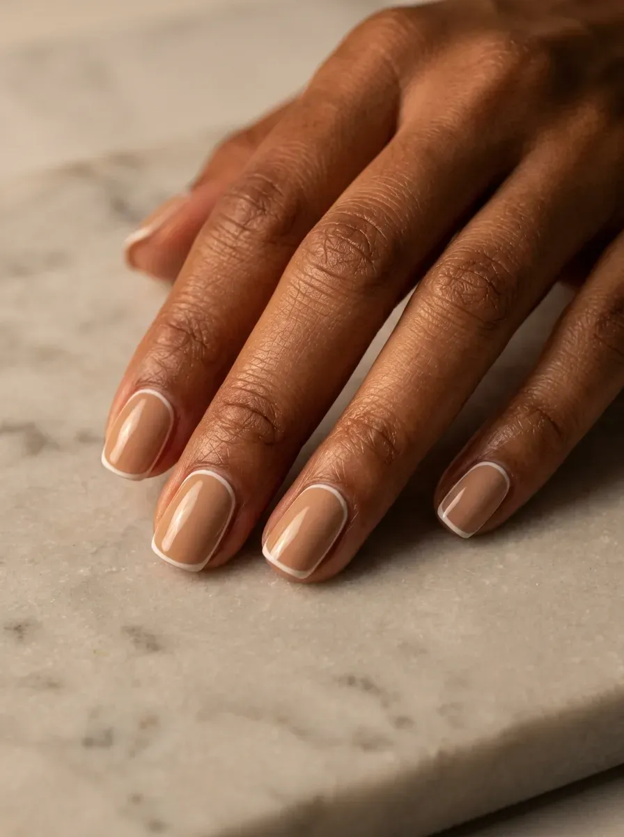 Short squoval nails in beige with a fine white line around each edge