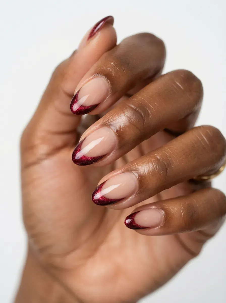 Short almond nails with sheer base and wine cat-eye french tips on warm brown skin