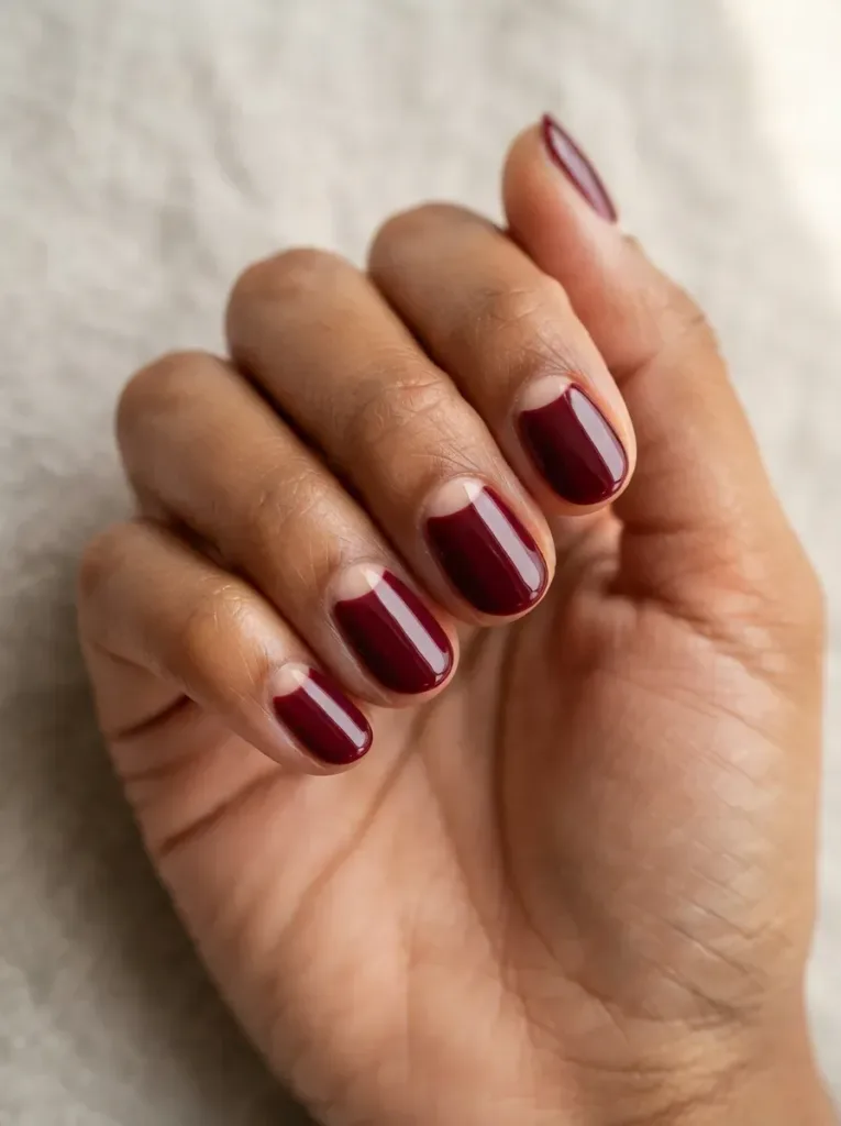 Close-up of short oval nails with wine red half-moon design on deep brown skin
