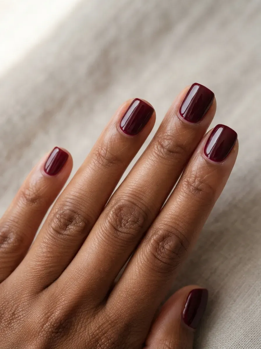 Close up of short squoval nails with wine red glossy polish on warm brown skin