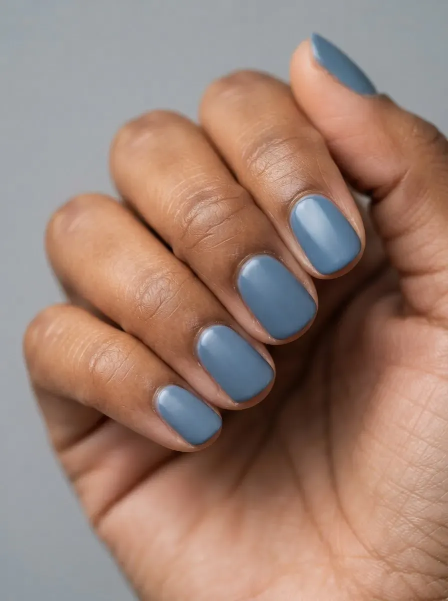 Close-up of muted blue nails for work on warm brown skin