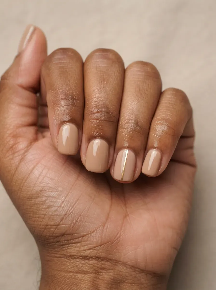 Close-up of short square nails in mixed neutrals with subtle accent